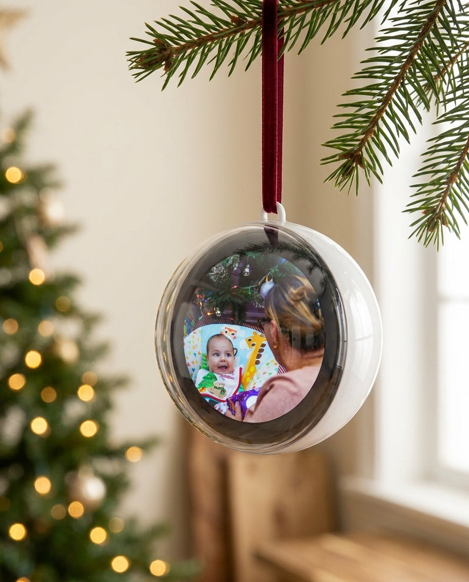 A Glowkeep memory orb hanging from a fir branch by a red velvet ribbon, a baby's photo on the screen
