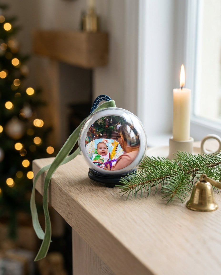A Glowkeep memory orb on a mantelpiece beside a candle and fir, a baby's photo on the screen