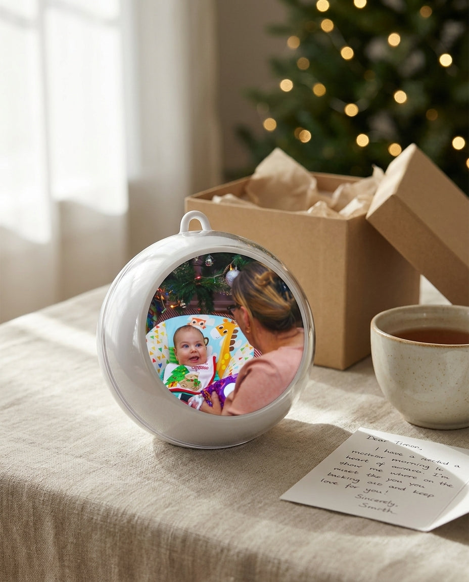 A Glowkeep memory orb on a linen table with tea and a handwritten card, a baby's photo on the screen